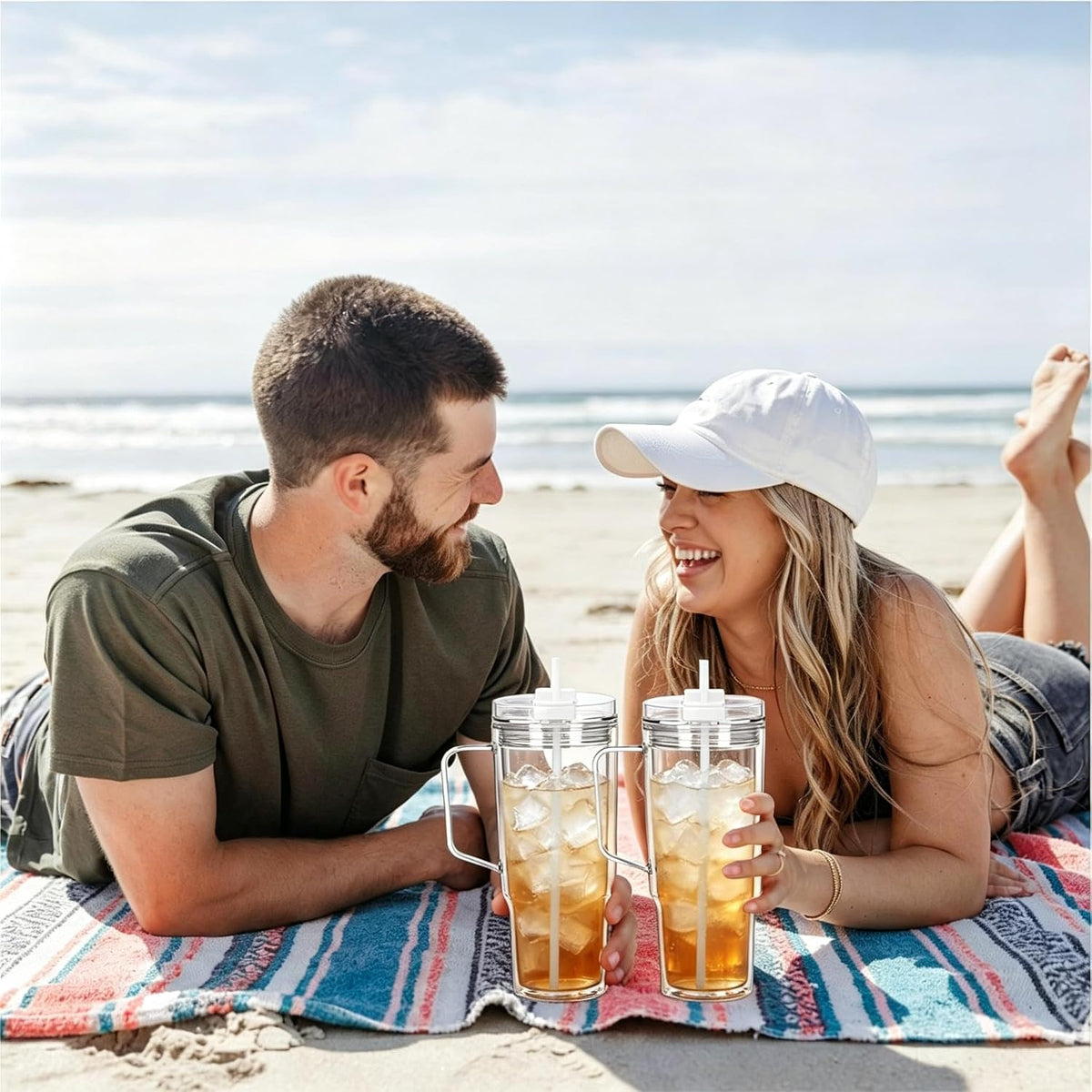 40 oz Plastic Tumblers with Handle, Screw Off Lid with Included Straw, Double Wall Leakproof Reusable Water Bottle Travel Mug Cup for Iced Coffee, Hot Cold Drink, Smoothie (2, Transparently)