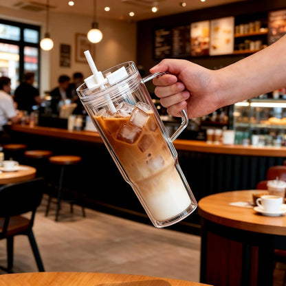 40 oz Plastic Tumblers with Handle, Screw Off Lid with Included Straw, Double Wall Leakproof Reusable Water Bottle Travel Mug Cup for Iced Coffee, Hot Cold Drink, Smoothie (2, Transparently)