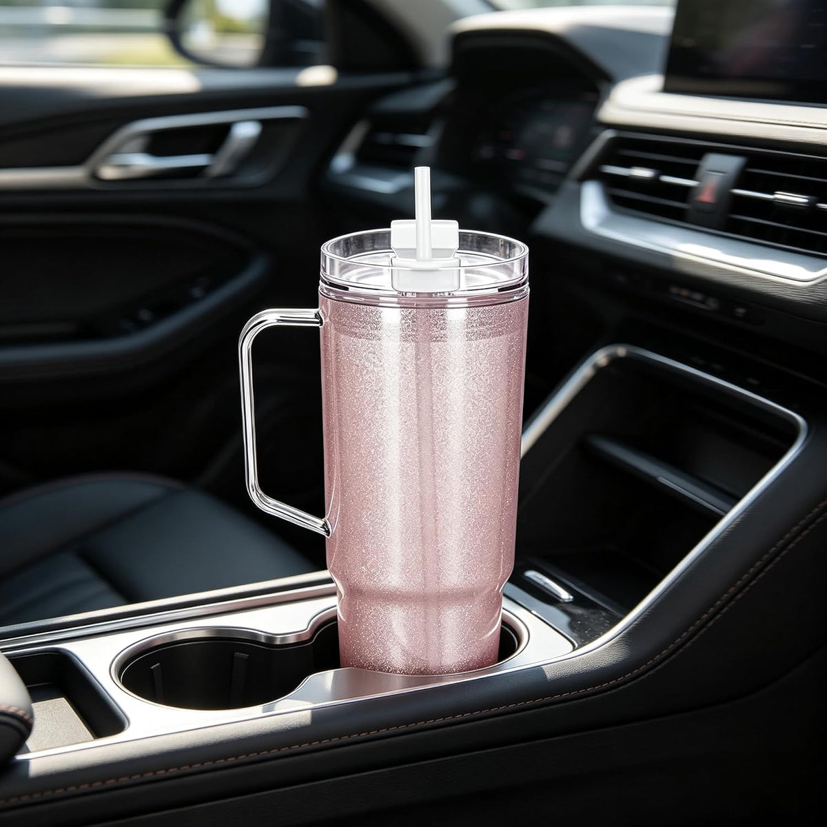 40 oz Plastic Tumblers with Handle, Screw Off Lid with Included Straw, Double Wall Leakproof Reusable Water Bottle Travel Mug Cup for Iced Coffee, Hot Cold Drink, Smoothie (2, Transparently)