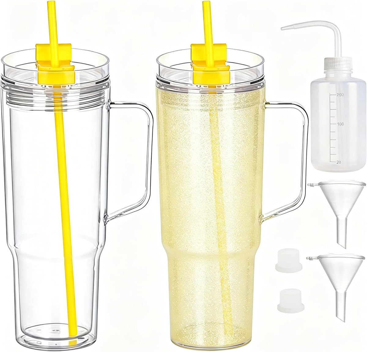 40 oz Plastic Tumblers with Handle, Screw Off Lid with Included Straw, Double Wall Leakproof Reusable Water Bottle Travel Mug Cup for Iced Coffee, Hot Cold Drink, Smoothie (2, Transparently)