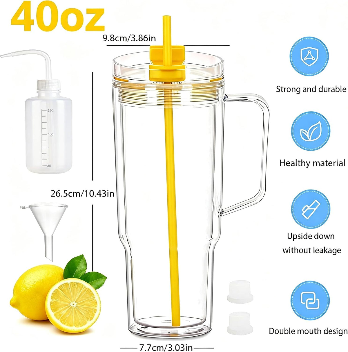 40 oz Plastic Tumblers with Handle, Screw Off Lid with Included Straw, Double Wall Leakproof Reusable Water Bottle Travel Mug Cup for Iced Coffee, Hot Cold Drink, Smoothie (2, Transparently)