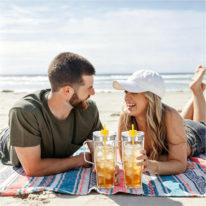 40 oz Plastic Tumblers with Handle, Screw Off Lid with Included Straw, Double Wall Leakproof Reusable Water Bottle Travel Mug Cup for Iced Coffee, Hot Cold Drink, Smoothie (2, Transparently)
