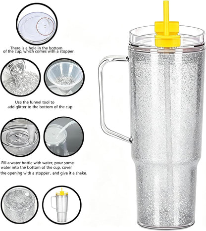 40 oz Plastic Tumblers with Handle, Screw Off Lid with Included Straw, Double Wall Leakproof Reusable Water Bottle Travel Mug Cup for Iced Coffee, Hot Cold Drink, Smoothie (2, Transparently)