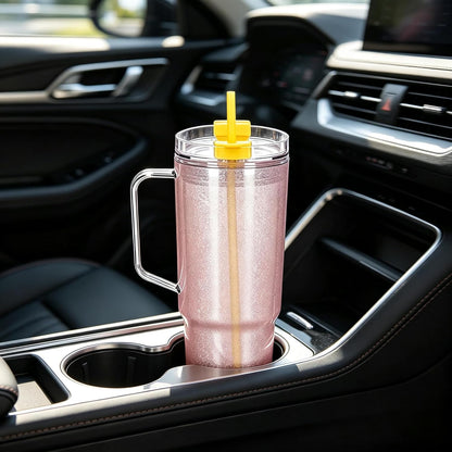 40 oz Plastic Tumblers with Handle, Screw Off Lid with Included Straw, Double Wall Leakproof Reusable Water Bottle Travel Mug Cup for Iced Coffee, Hot Cold Drink, Smoothie (2, Transparently)
