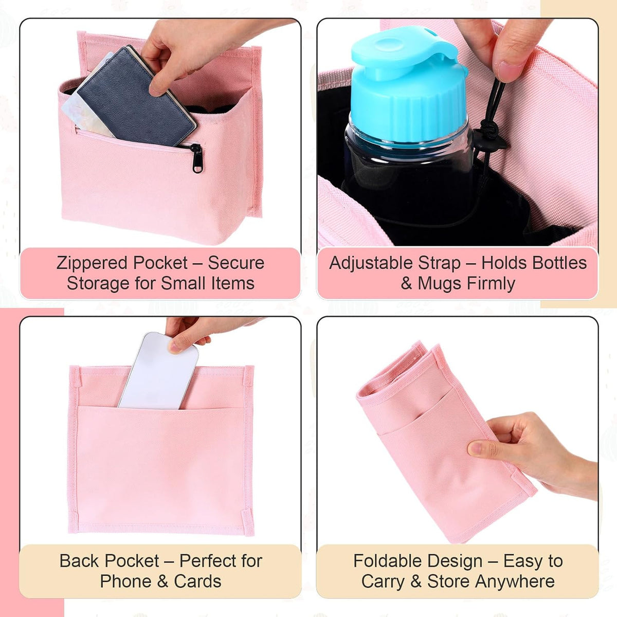 Luggage Travel Cup Holder Bag for Women, Suitcase Holds 2 Cups Hands-free Drink Organizer Attachment for Luggage, TravelGift for Female Travelers Flight Attendants(Pink)