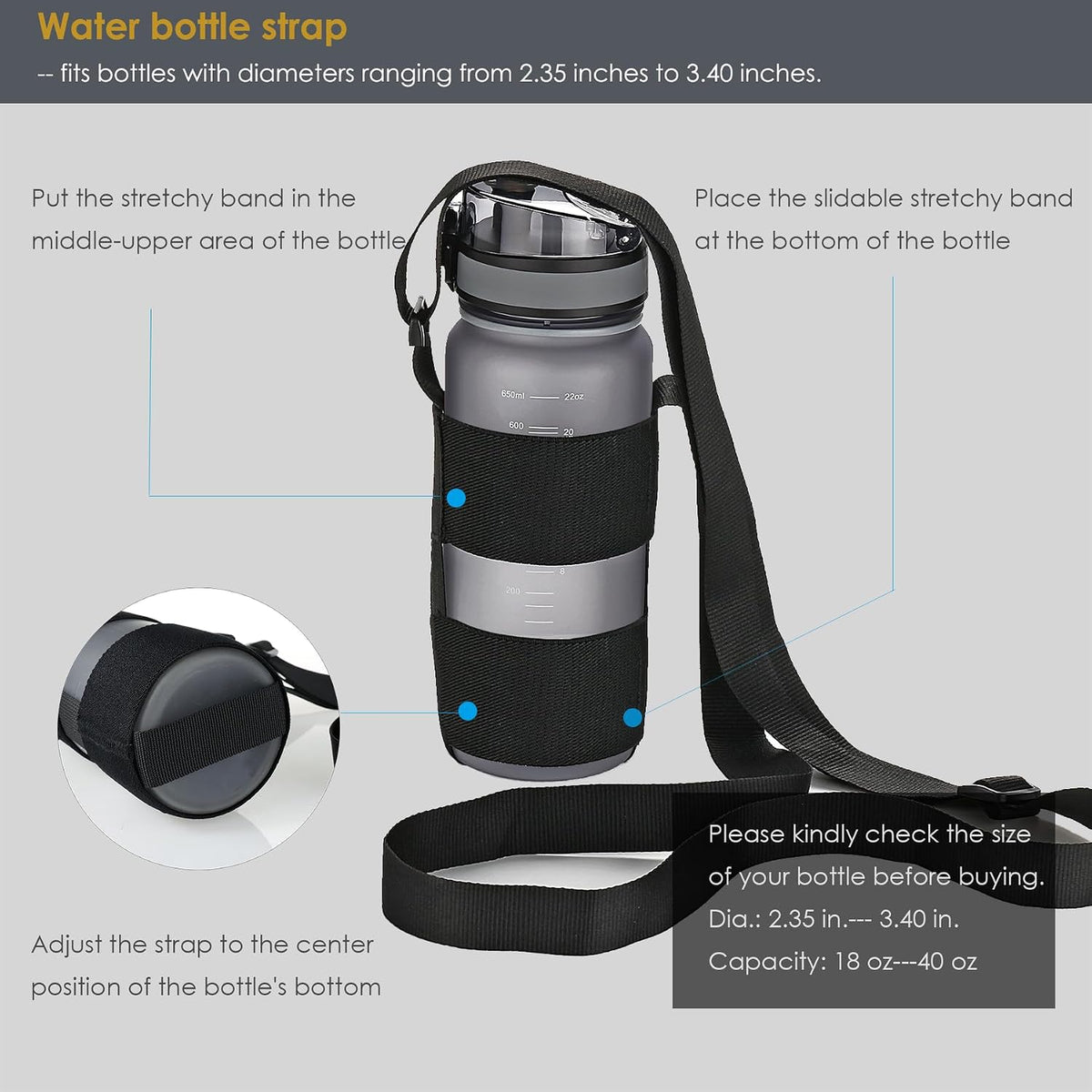 Universal Water Bottle Carrier Sling with Adjustable Shoulder Strap for Walking Short Hiking, Water Bottle Holder for 16-64 oz Wide Mouth Bottles (Exclude Water Bottle)