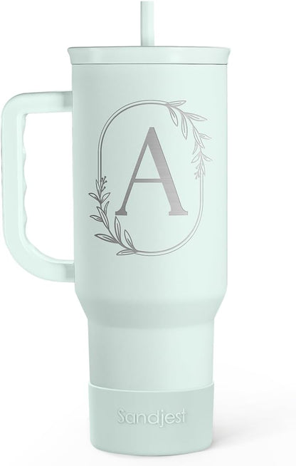 Personalized Monogrammed Tumbler with Handle 40oz, Letter R Tumblers Insulated Coffee Travel Cup, Custom Initial Gift for Women Girls Friends, Monogram Gift for Christmas Birthday Mothers Day