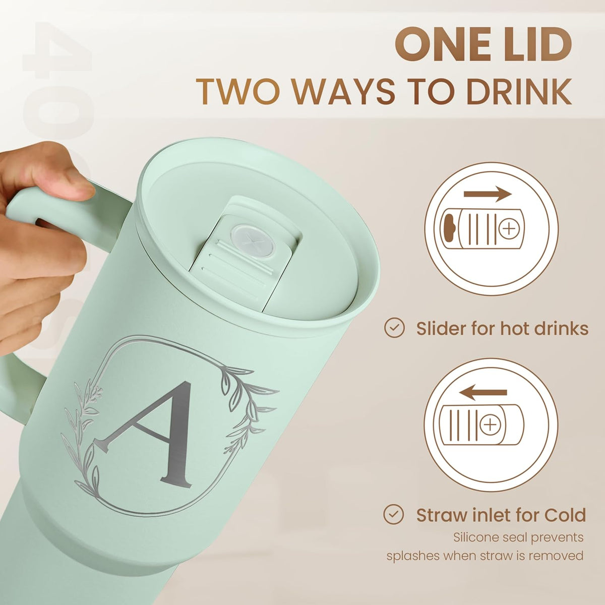 Personalized Monogrammed Tumbler with Handle 40oz, Letter R Tumblers Insulated Coffee Travel Cup, Custom Initial Gift for Women Girls Friends, Monogram Gift for Christmas Birthday Mothers Day