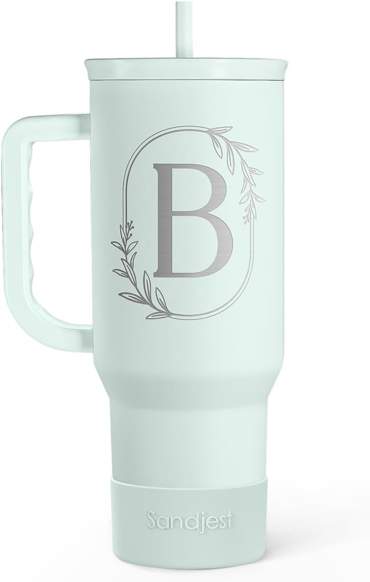 Personalized Monogrammed Tumbler with Handle 40oz, Letter R Tumblers Insulated Coffee Travel Cup, Custom Initial Gift for Women Girls Friends, Monogram Gift for Christmas Birthday Mothers Day