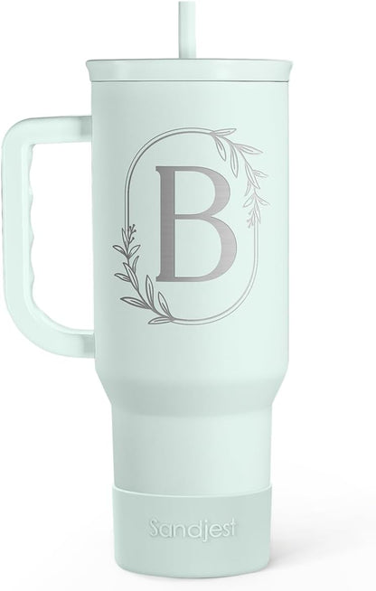 Personalized Monogrammed Tumbler with Handle 40oz, Letter R Tumblers Insulated Coffee Travel Cup, Custom Initial Gift for Women Girls Friends, Monogram Gift for Christmas Birthday Mothers Day