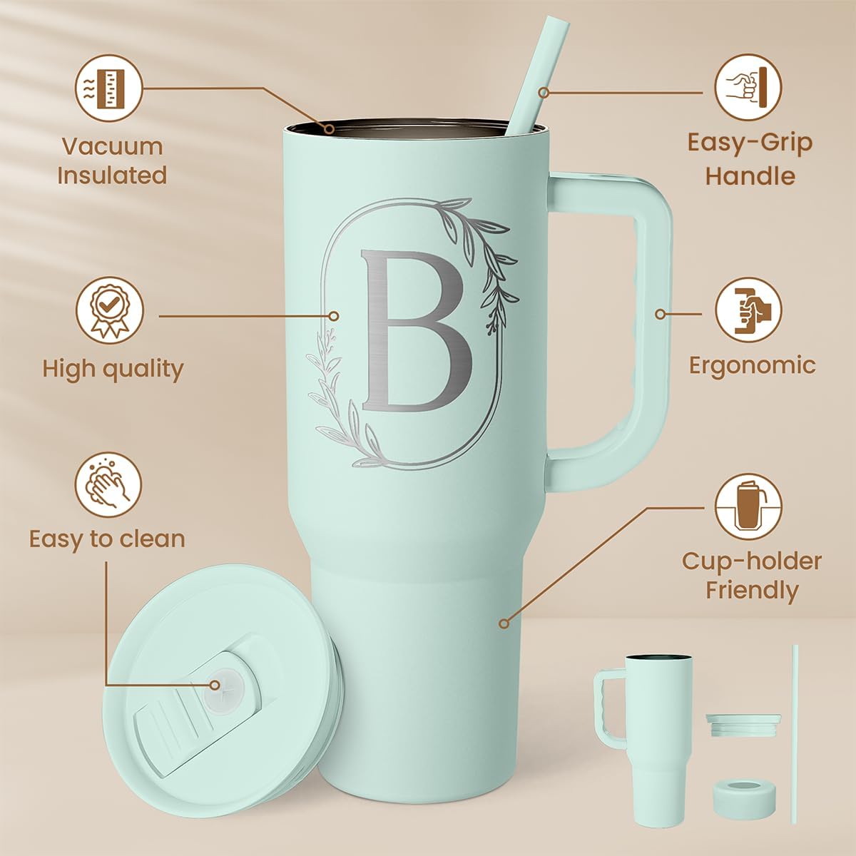 Personalized Monogrammed Tumbler with Handle 40oz, Letter R Tumblers Insulated Coffee Travel Cup, Custom Initial Gift for Women Girls Friends, Monogram Gift for Christmas Birthday Mothers Day