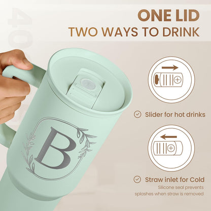 Personalized Monogrammed Tumbler with Handle 40oz, Letter R Tumblers Insulated Coffee Travel Cup, Custom Initial Gift for Women Girls Friends, Monogram Gift for Christmas Birthday Mothers Day