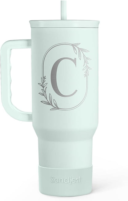 Personalized Monogrammed Tumbler with Handle 40oz, Letter R Tumblers Insulated Coffee Travel Cup, Custom Initial Gift for Women Girls Friends, Monogram Gift for Christmas Birthday Mothers Day