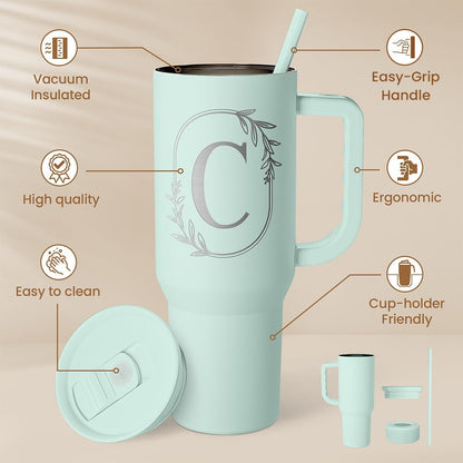 Personalized Monogrammed Tumbler with Handle 40oz, Letter R Tumblers Insulated Coffee Travel Cup, Custom Initial Gift for Women Girls Friends, Monogram Gift for Christmas Birthday Mothers Day