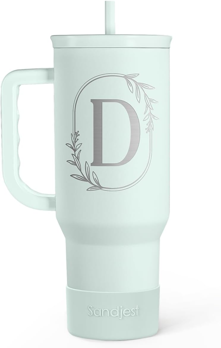 Personalized Monogrammed Tumbler with Handle 40oz, Letter R Tumblers Insulated Coffee Travel Cup, Custom Initial Gift for Women Girls Friends, Monogram Gift for Christmas Birthday Mothers Day