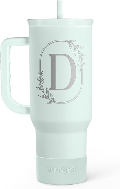 Personalized Monogrammed Tumbler with Handle 40oz, Letter R Tumblers Insulated Coffee Travel Cup, Custom Initial Gift for Women Girls Friends, Monogram Gift for Christmas Birthday Mothers Day