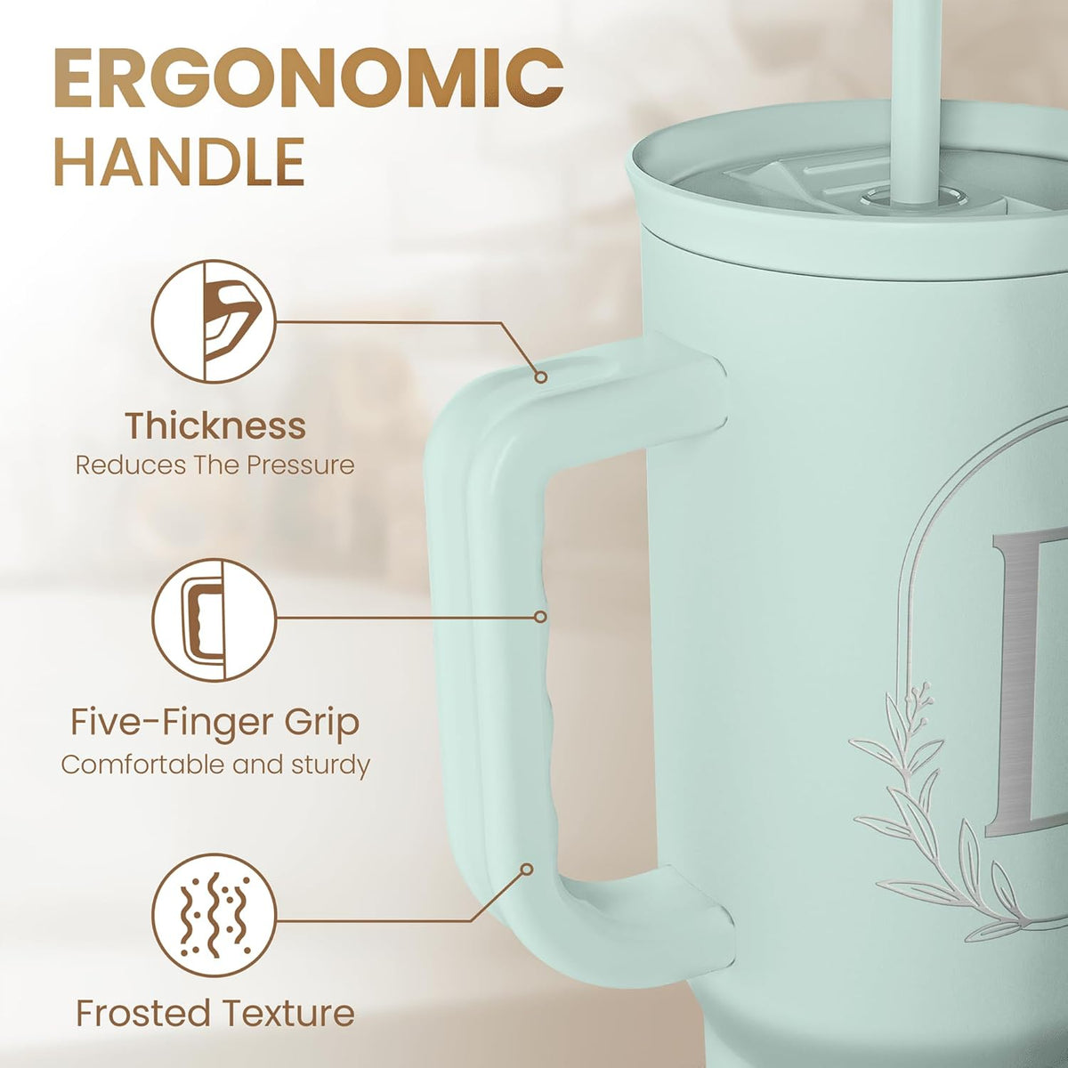Personalized Monogrammed Tumbler with Handle 40oz, Letter R Tumblers Insulated Coffee Travel Cup, Custom Initial Gift for Women Girls Friends, Monogram Gift for Christmas Birthday Mothers Day