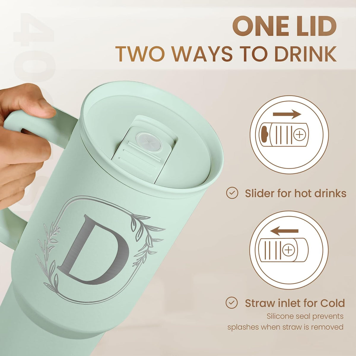 Personalized Monogrammed Tumbler with Handle 40oz, Letter R Tumblers Insulated Coffee Travel Cup, Custom Initial Gift for Women Girls Friends, Monogram Gift for Christmas Birthday Mothers Day