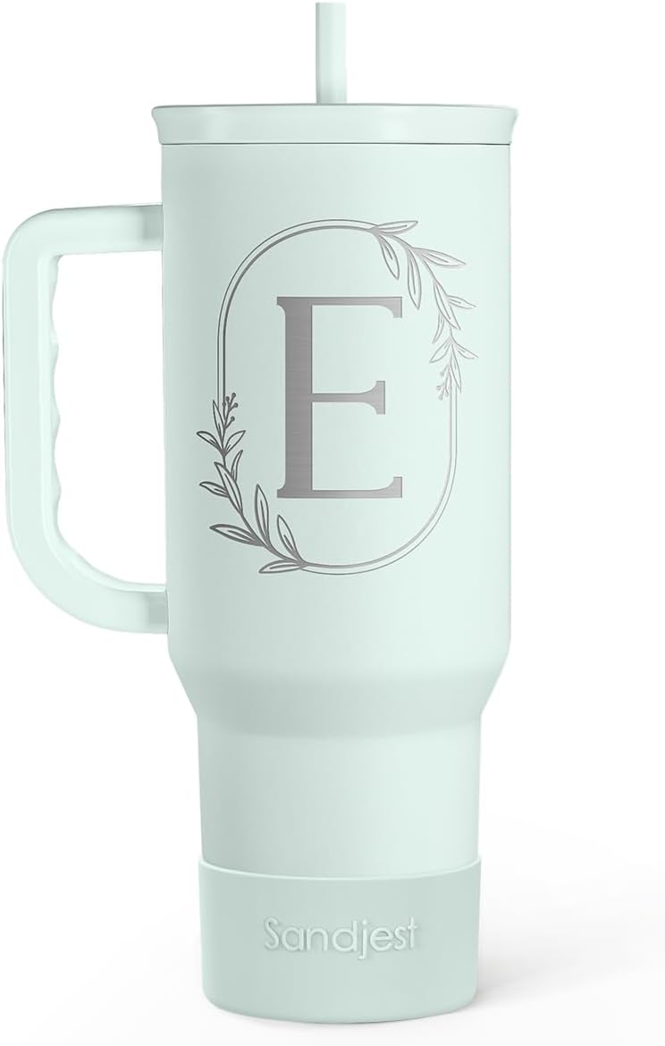 Personalized Monogrammed Tumbler with Handle 40oz, Letter R Tumblers Insulated Coffee Travel Cup, Custom Initial Gift for Women Girls Friends, Monogram Gift for Christmas Birthday Mothers Day