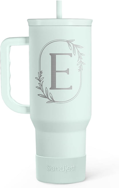 Personalized Monogrammed Tumbler with Handle 40oz, Letter R Tumblers Insulated Coffee Travel Cup, Custom Initial Gift for Women Girls Friends, Monogram Gift for Christmas Birthday Mothers Day