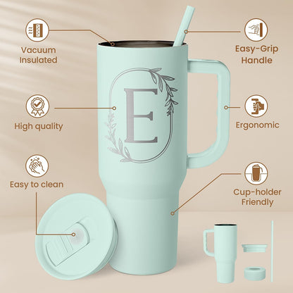 Personalized Monogrammed Tumbler with Handle 40oz, Letter R Tumblers Insulated Coffee Travel Cup, Custom Initial Gift for Women Girls Friends, Monogram Gift for Christmas Birthday Mothers Day