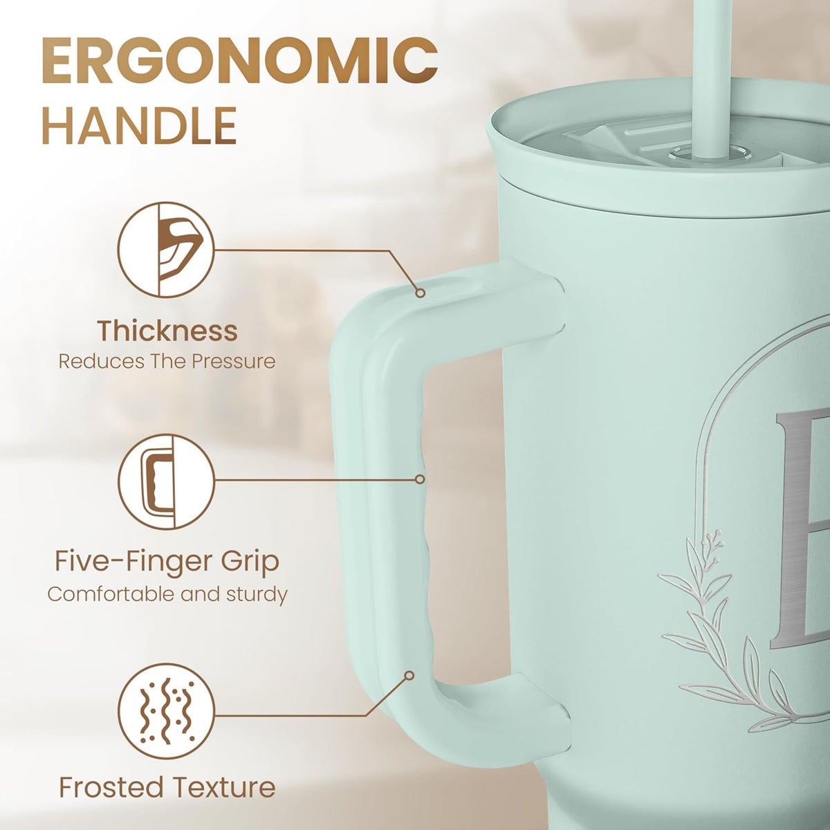 Personalized Monogrammed Tumbler with Handle 40oz, Letter R Tumblers Insulated Coffee Travel Cup, Custom Initial Gift for Women Girls Friends, Monogram Gift for Christmas Birthday Mothers Day