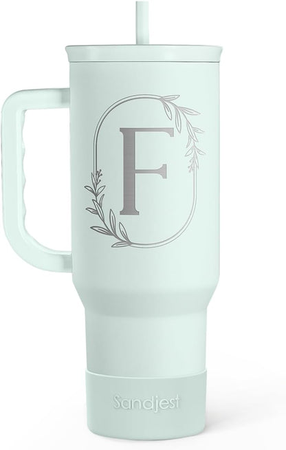 Personalized Monogrammed Tumbler with Handle 40oz, Letter R Tumblers Insulated Coffee Travel Cup, Custom Initial Gift for Women Girls Friends, Monogram Gift for Christmas Birthday Mothers Day