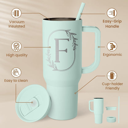 Personalized Monogrammed Tumbler with Handle 40oz, Letter R Tumblers Insulated Coffee Travel Cup, Custom Initial Gift for Women Girls Friends, Monogram Gift for Christmas Birthday Mothers Day