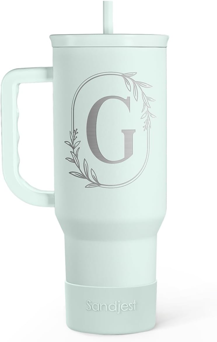 Personalized Monogrammed Tumbler with Handle 40oz, Letter R Tumblers Insulated Coffee Travel Cup, Custom Initial Gift for Women Girls Friends, Monogram Gift for Christmas Birthday Mothers Day