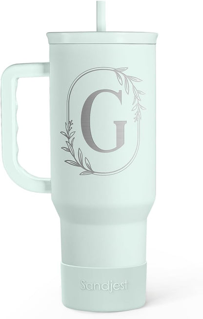 Personalized Monogrammed Tumbler with Handle 40oz, Letter R Tumblers Insulated Coffee Travel Cup, Custom Initial Gift for Women Girls Friends, Monogram Gift for Christmas Birthday Mothers Day