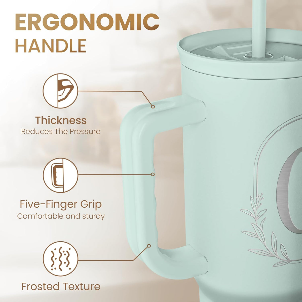 Personalized Monogrammed Tumbler with Handle 40oz, Letter R Tumblers Insulated Coffee Travel Cup, Custom Initial Gift for Women Girls Friends, Monogram Gift for Christmas Birthday Mothers Day