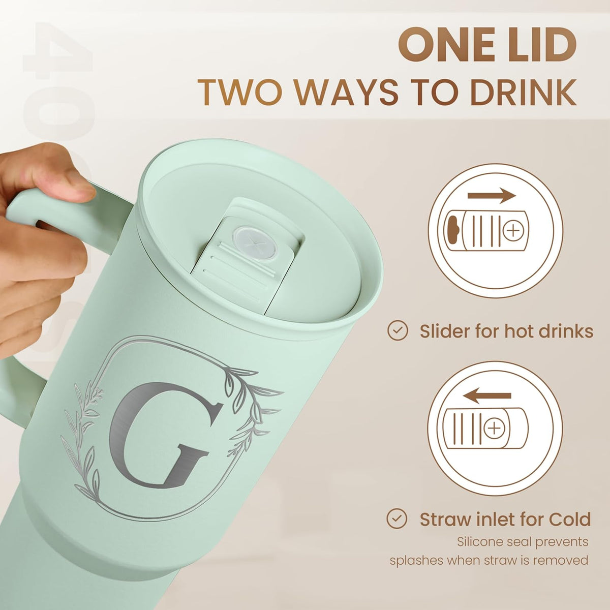 Personalized Monogrammed Tumbler with Handle 40oz, Letter R Tumblers Insulated Coffee Travel Cup, Custom Initial Gift for Women Girls Friends, Monogram Gift for Christmas Birthday Mothers Day