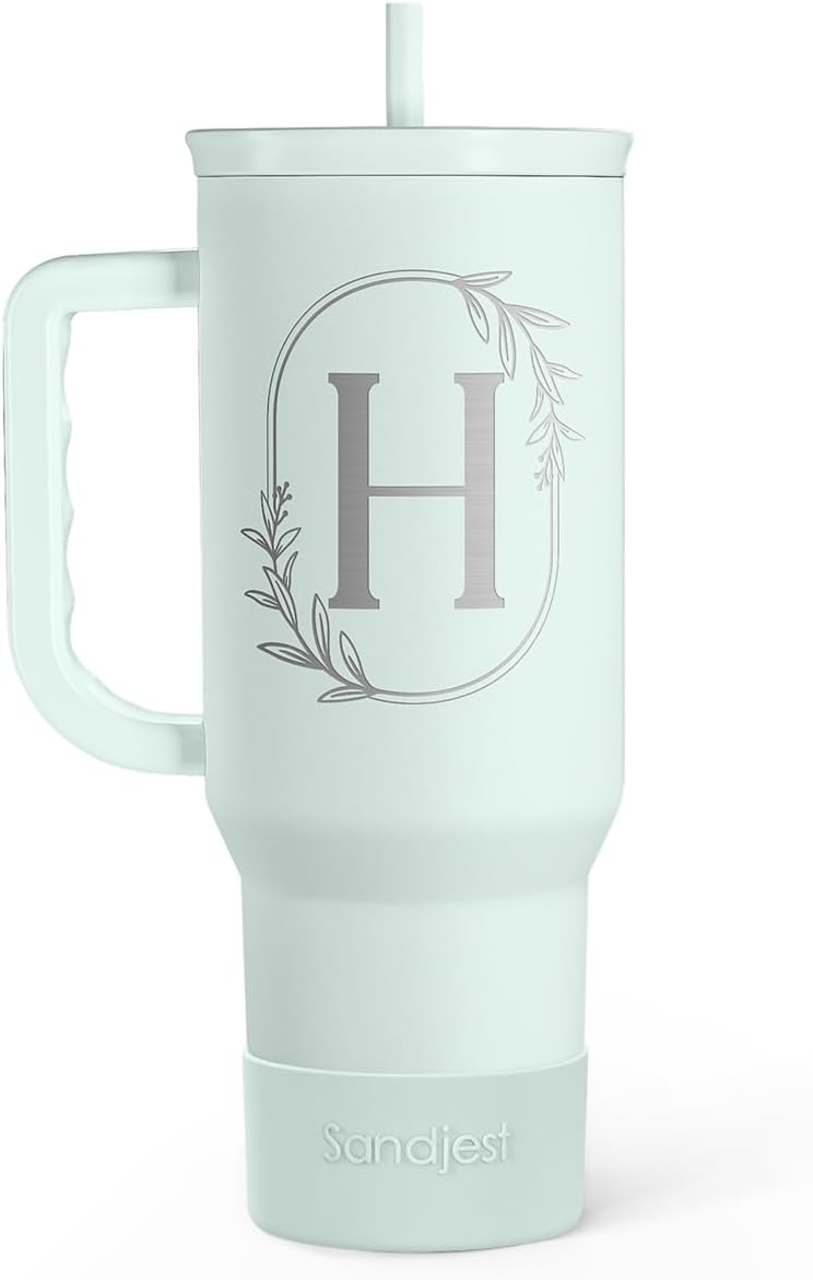 Personalized Monogrammed Tumbler with Handle 40oz, Letter R Tumblers Insulated Coffee Travel Cup, Custom Initial Gift for Women Girls Friends, Monogram Gift for Christmas Birthday Mothers Day