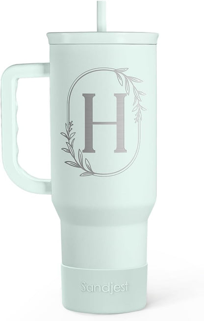 Personalized Monogrammed Tumbler with Handle 40oz, Letter R Tumblers Insulated Coffee Travel Cup, Custom Initial Gift for Women Girls Friends, Monogram Gift for Christmas Birthday Mothers Day