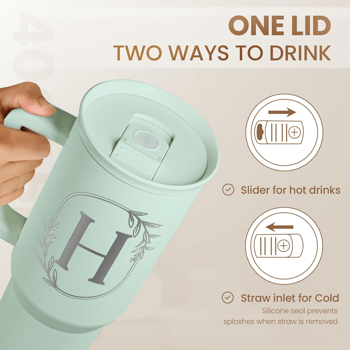 Personalized Monogrammed Tumbler with Handle 40oz, Letter R Tumblers Insulated Coffee Travel Cup, Custom Initial Gift for Women Girls Friends, Monogram Gift for Christmas Birthday Mothers Day