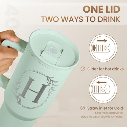 Personalized Monogrammed Tumbler with Handle 40oz, Letter R Tumblers Insulated Coffee Travel Cup, Custom Initial Gift for Women Girls Friends, Monogram Gift for Christmas Birthday Mothers Day