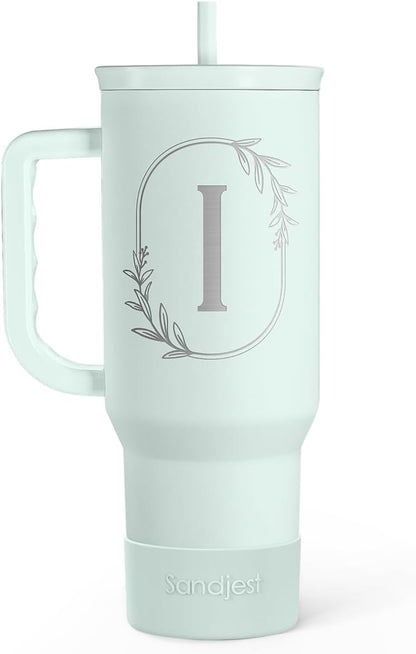 Personalized Monogrammed Tumbler with Handle 40oz, Letter R Tumblers Insulated Coffee Travel Cup, Custom Initial Gift for Women Girls Friends, Monogram Gift for Christmas Birthday Mothers Day
