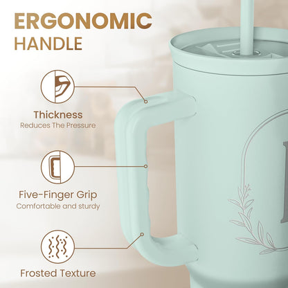Personalized Monogrammed Tumbler with Handle 40oz, Letter R Tumblers Insulated Coffee Travel Cup, Custom Initial Gift for Women Girls Friends, Monogram Gift for Christmas Birthday Mothers Day