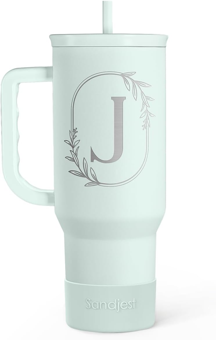 Personalized Monogrammed Tumbler with Handle 40oz, Letter R Tumblers Insulated Coffee Travel Cup, Custom Initial Gift for Women Girls Friends, Monogram Gift for Christmas Birthday Mothers Day