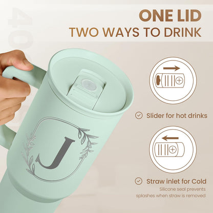 Personalized Monogrammed Tumbler with Handle 40oz, Letter R Tumblers Insulated Coffee Travel Cup, Custom Initial Gift for Women Girls Friends, Monogram Gift for Christmas Birthday Mothers Day