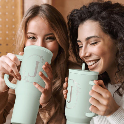 Personalized Monogrammed Tumbler with Handle 40oz, Letter R Tumblers Insulated Coffee Travel Cup, Custom Initial Gift for Women Girls Friends, Monogram Gift for Christmas Birthday Mothers Day