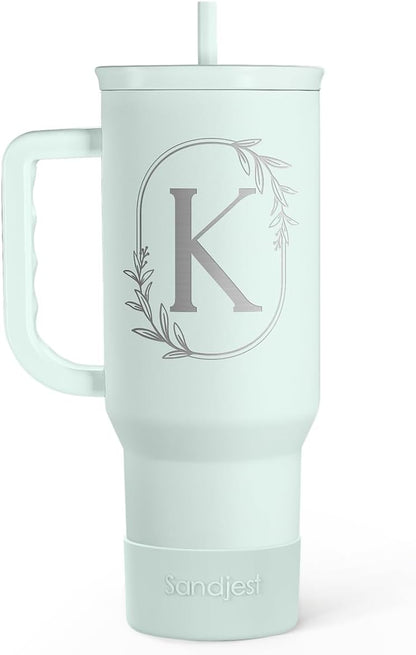 Personalized Monogrammed Tumbler with Handle 40oz, Letter R Tumblers Insulated Coffee Travel Cup, Custom Initial Gift for Women Girls Friends, Monogram Gift for Christmas Birthday Mothers Day