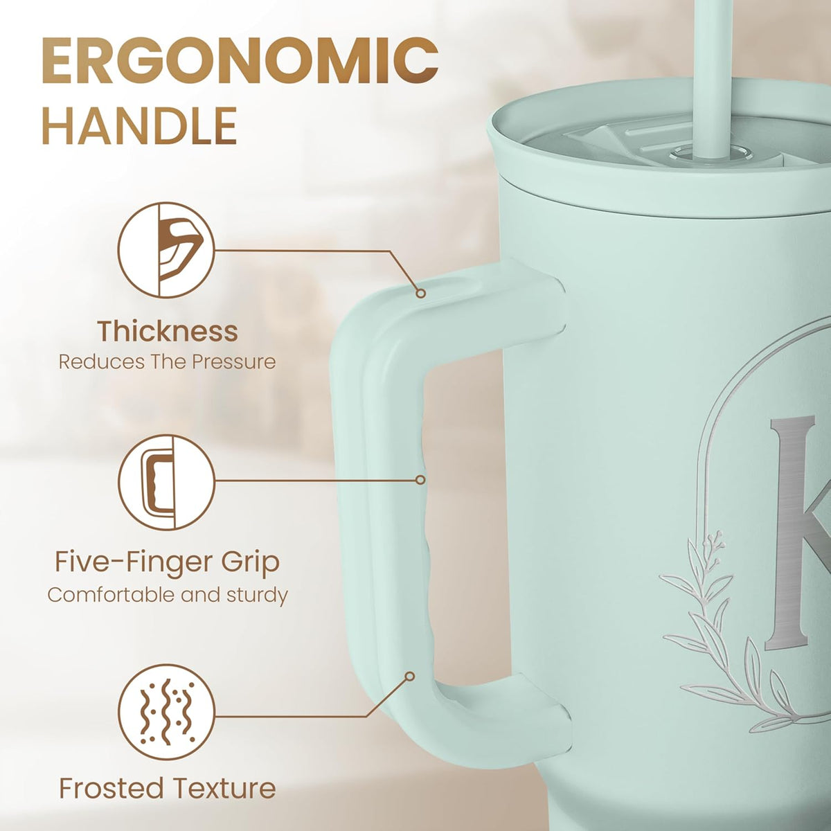 Personalized Monogrammed Tumbler with Handle 40oz, Letter R Tumblers Insulated Coffee Travel Cup, Custom Initial Gift for Women Girls Friends, Monogram Gift for Christmas Birthday Mothers Day