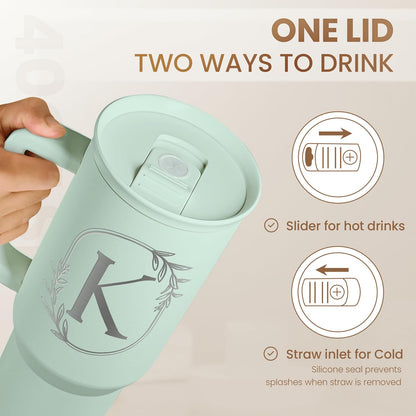 Personalized Monogrammed Tumbler with Handle 40oz, Letter R Tumblers Insulated Coffee Travel Cup, Custom Initial Gift for Women Girls Friends, Monogram Gift for Christmas Birthday Mothers Day