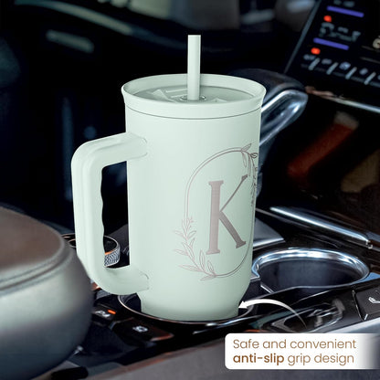 Personalized Monogrammed Tumbler with Handle 40oz, Letter R Tumblers Insulated Coffee Travel Cup, Custom Initial Gift for Women Girls Friends, Monogram Gift for Christmas Birthday Mothers Day