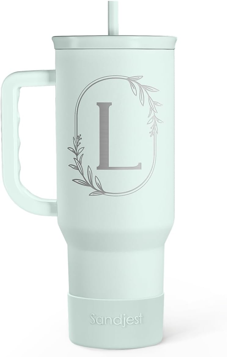Personalized Monogrammed Tumbler with Handle 40oz, Letter R Tumblers Insulated Coffee Travel Cup, Custom Initial Gift for Women Girls Friends, Monogram Gift for Christmas Birthday Mothers Day