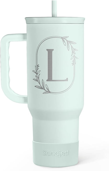 Personalized Monogrammed Tumbler with Handle 40oz, Letter R Tumblers Insulated Coffee Travel Cup, Custom Initial Gift for Women Girls Friends, Monogram Gift for Christmas Birthday Mothers Day