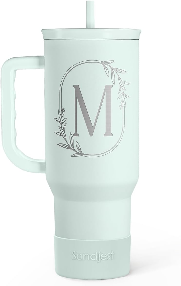 Personalized Monogrammed Tumbler with Handle 40oz, Letter R Tumblers Insulated Coffee Travel Cup, Custom Initial Gift for Women Girls Friends, Monogram Gift for Christmas Birthday Mothers Day