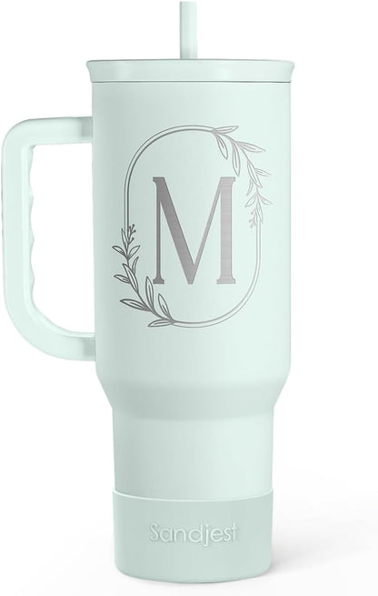 Personalized Monogrammed Tumbler with Handle 40oz, Letter R Tumblers Insulated Coffee Travel Cup, Custom Initial Gift for Women Girls Friends, Monogram Gift for Christmas Birthday Mothers Day