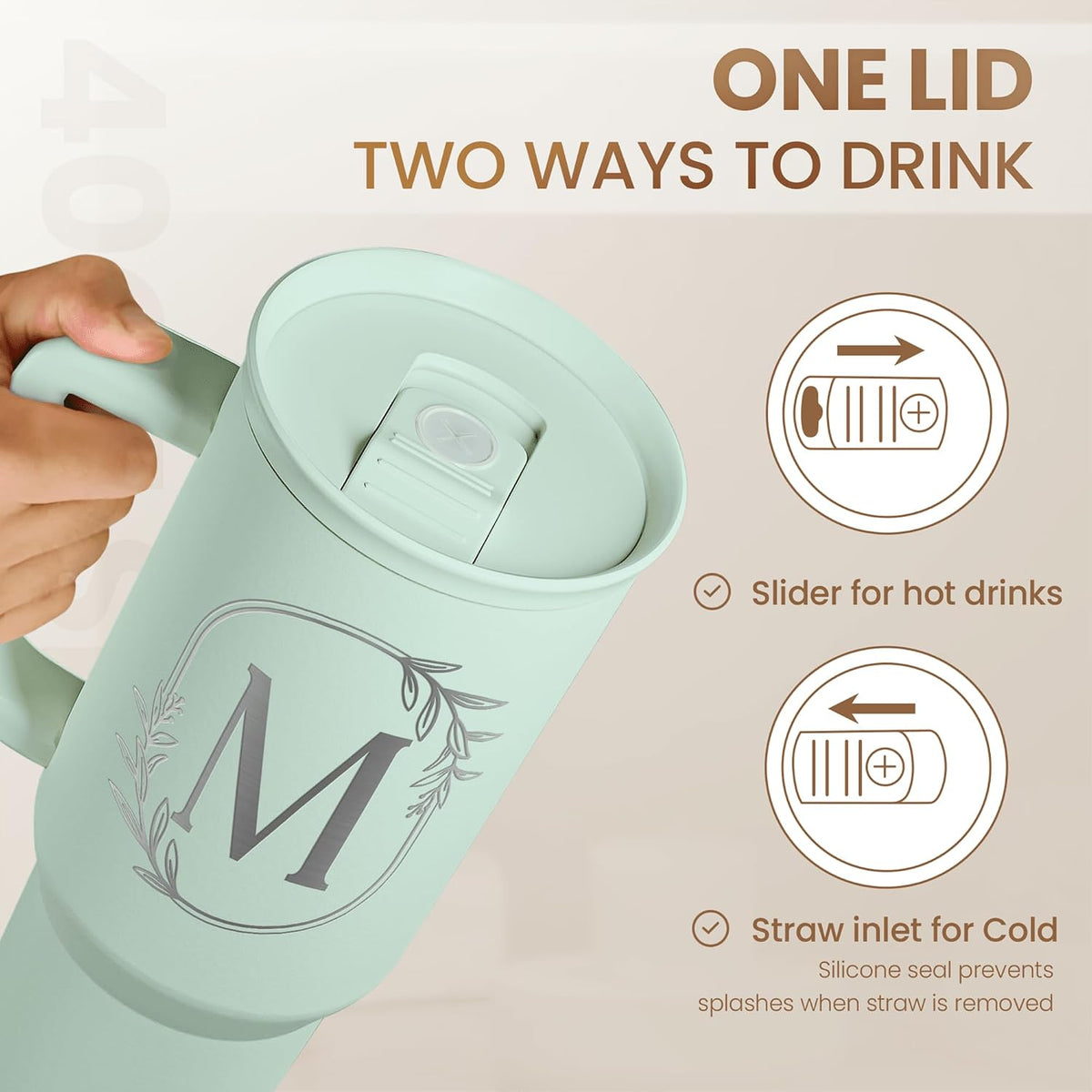 Personalized Monogrammed Tumbler with Handle 40oz, Letter R Tumblers Insulated Coffee Travel Cup, Custom Initial Gift for Women Girls Friends, Monogram Gift for Christmas Birthday Mothers Day